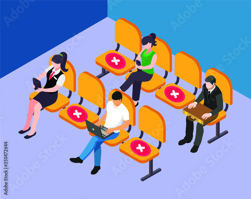 Social distancing at waiting area. People are sitting on chair with maintaining distance for covid 19 virus. Vector illustration of waiting zone.  covid 19 poster.