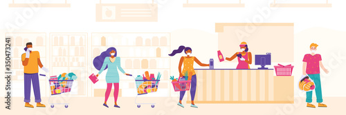 People in medical masks stand in a checkout queue keep a safe distance. Line at cash desk. Retail woman cashier with barcode scanner and line of customers. Men and women buy food at the supermarket.