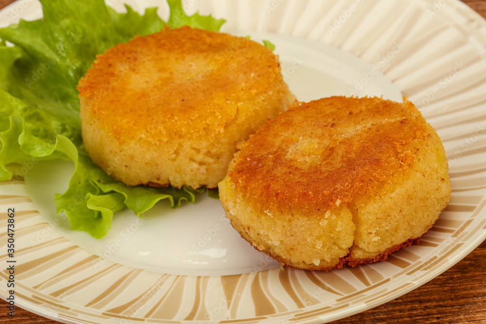 Vegan cuisine - Potato cutlet in the plate Vegan cuisine - Potato cutlet in the plate