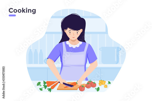 vector flat illustration woman slicing fruits and vegetables like carrot tomato peppers with kitchen knives in home kitchen. woman mother mom cutting food concept. learn cooking process step by step. 
