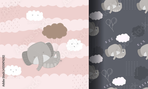 Flat cute animal cartoon baby elephant with a seamless pattern for kids