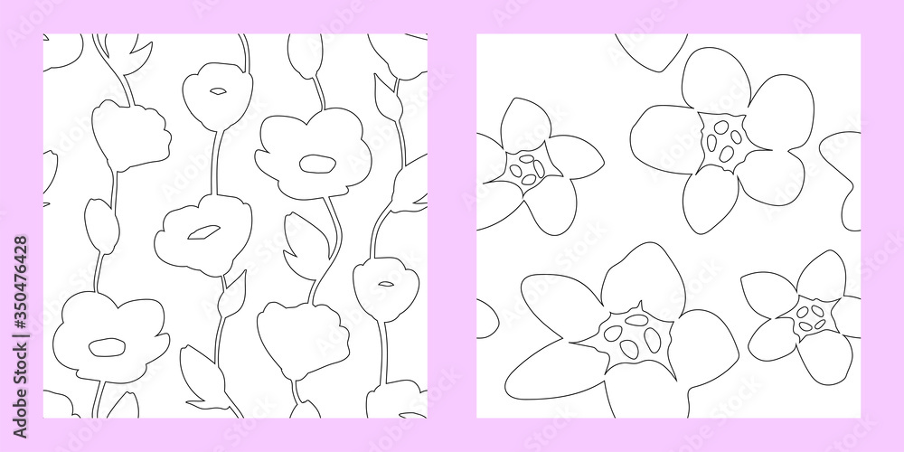 set of two seamless patterns with linear flowers. black and white style