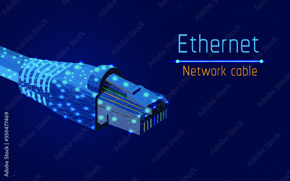 ethernet network cable, socket type rj45,  internet,100mbps and more, web,be always online,connect to computer ,access  to mobile apps, web site, vector illustration, triangle,plexsus,low poly,dot - obrazy, fototapety, plakaty 