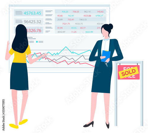 Woman working as brokers vector, whiteboard with analysis and information on sold property. Presentation of businesslady, lady explaining character info