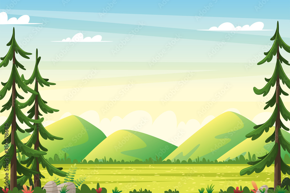 Rural summer landscape with moutains. Vector illustration with separate layers.
