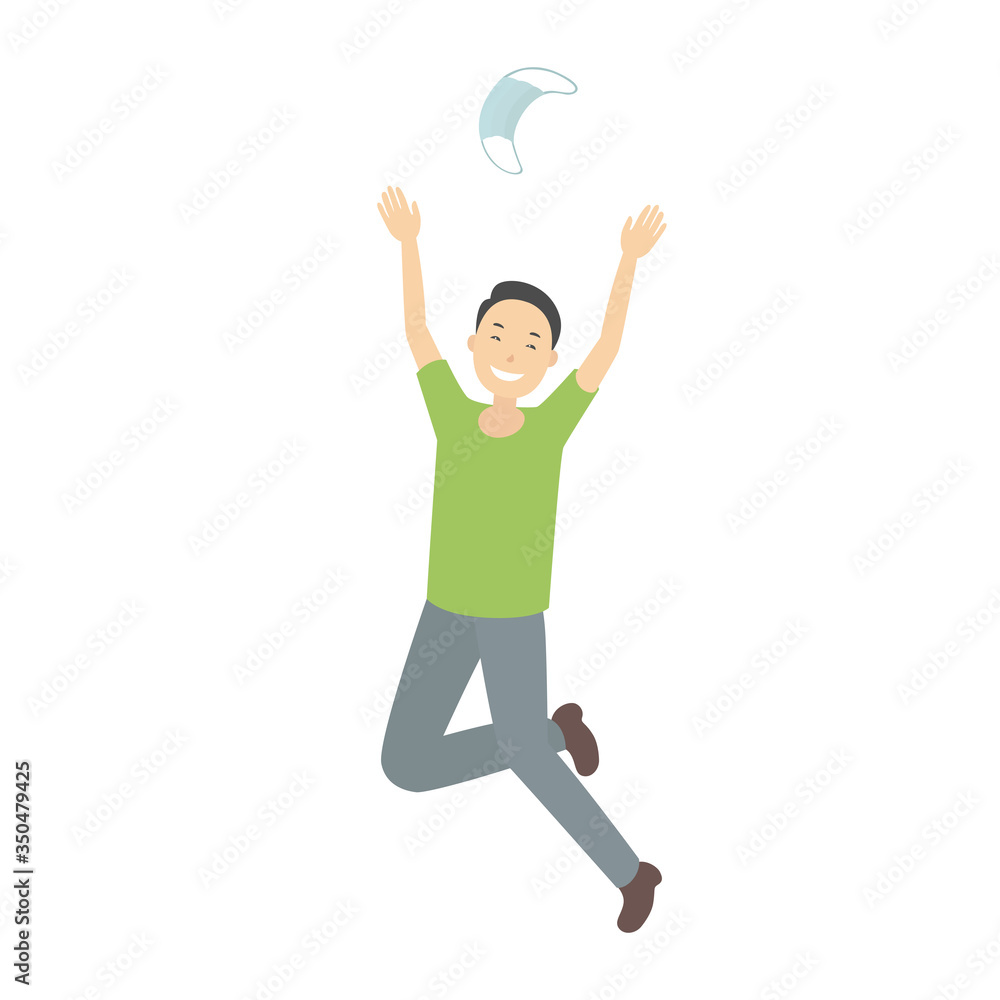 Asian boy rejoice at quarantine ending and throw medical mask. Vector illustration. Asian boy rejoice at quarantine ending and throw medical mask. Vector illustration.