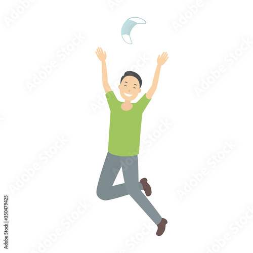 Asian boy rejoice at quarantine ending and throw medical mask. Vector illustration.