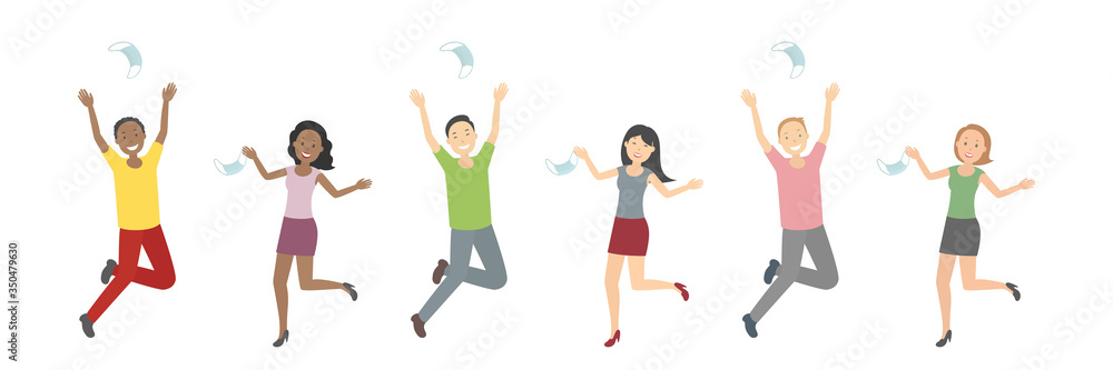 People rejoice at quarantine ending and toss medical masks. Vector illustration. People rejoice at quarantine ending and toss medical masks. Vector illustration.