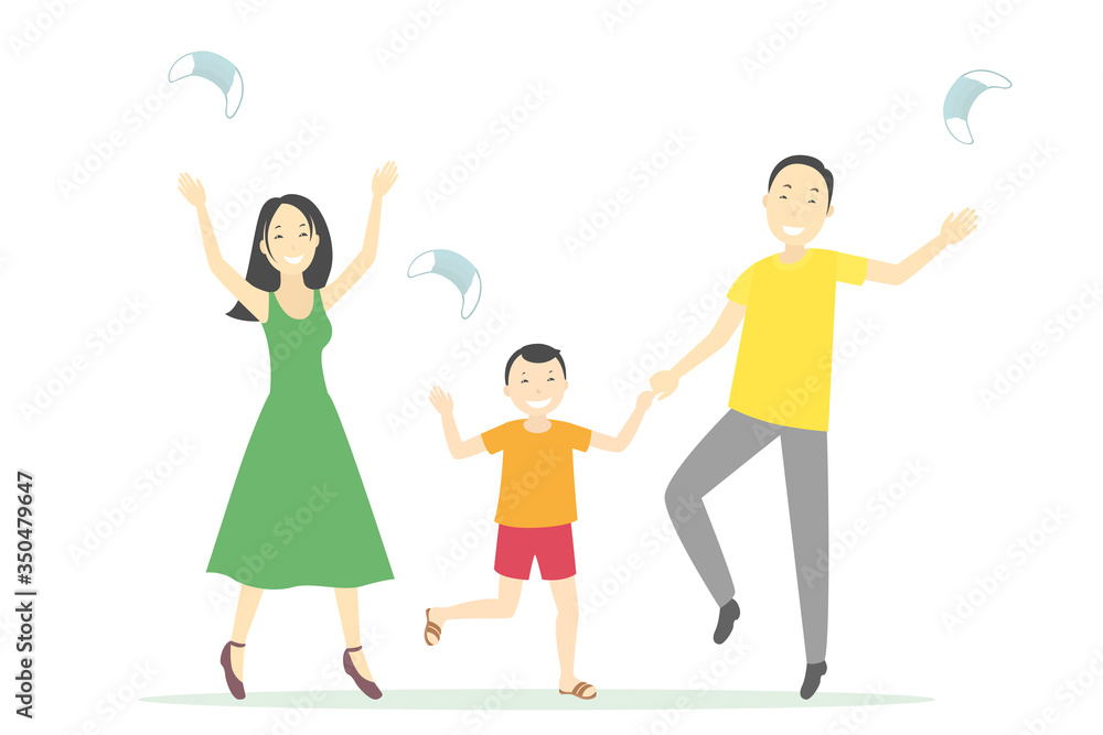 Asian family rejoice at self-isolation cancellation. Vector illustration. Asian family rejoice at self-isolation cancellation. Vector illustration.