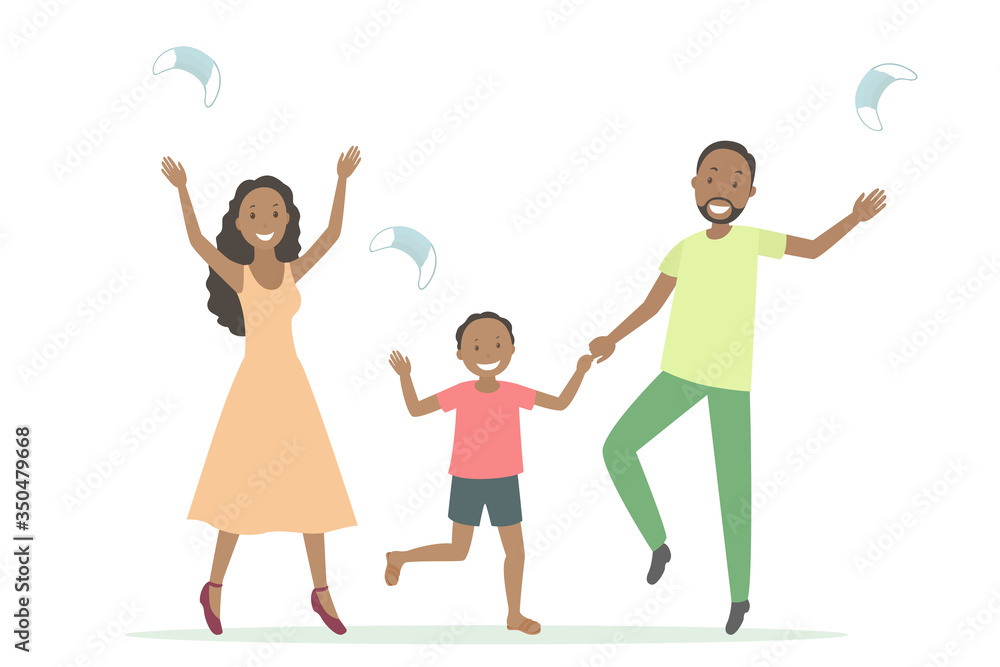 African-American family rejoice at pandemic ending. Vector illustration.