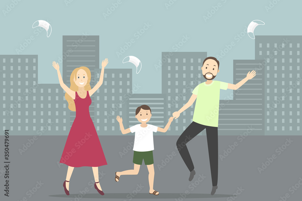 Caucasian family rejoice at pandemic ending. Vector illustration. Caucasian family rejoice at pandemic ending. Vector illustration.