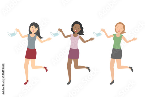 Group of women of different nationalities rejoice pandemic ending in throw their masks. Vector illustration. © Vector DSGNR