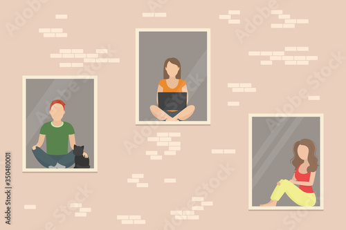 People stay in their flats during quarantine period. Self-isolation. Vector illustration.