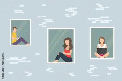 People stay home during quarantine period. Vector illustration.