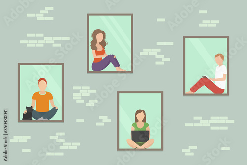 People stay home during quarantine period. Self-isolation. Vector illustration.