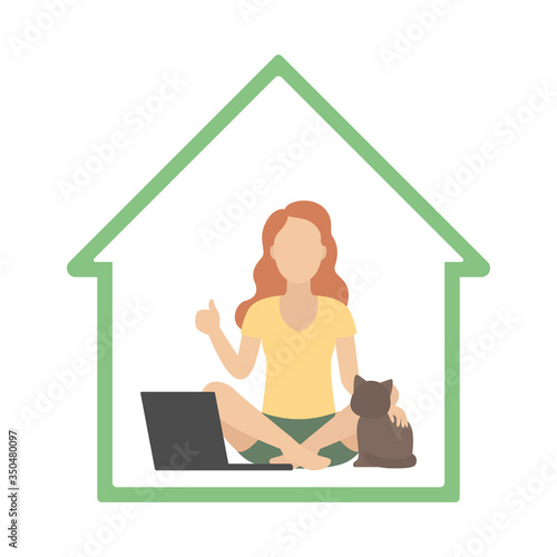 Woman sitting with cat in house. Self-isolation. Vector illustration.