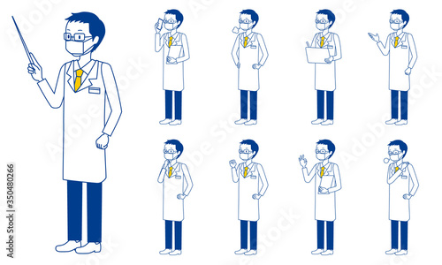 Healthcare worker (doctor) character set in 9 poses isolated vector illustartion