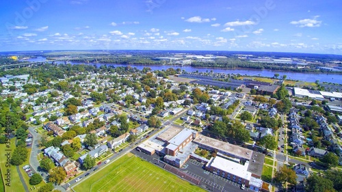 aerial view of a stadium and an old city