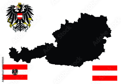 Austria map flag, coat of arms vector silhouette illustration isolated on white. Burgenland, Carinthia, Lower, Upper Austria, Salzburg, Styria, Tyrol, Vienna, Voralberg. Emblem, banner national symbol