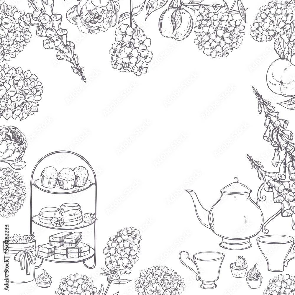 English tea vector background. Teapot, cups, cakes and garden flowers. Sketch  illustration.