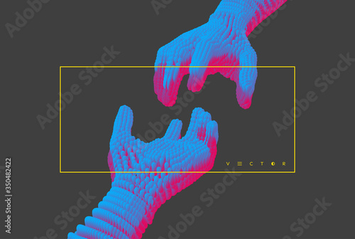 Hands reaching towards each other. Concept of human relation, togetherness or  partnership. Connection structure. 3D vector illustration.