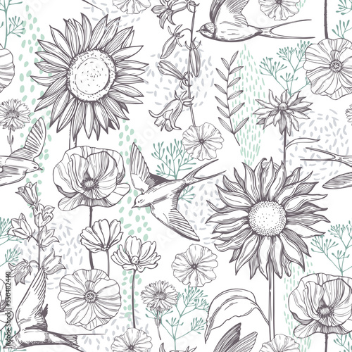 Hand drawn meadow flowers and  swallows. Vector seamless pattern