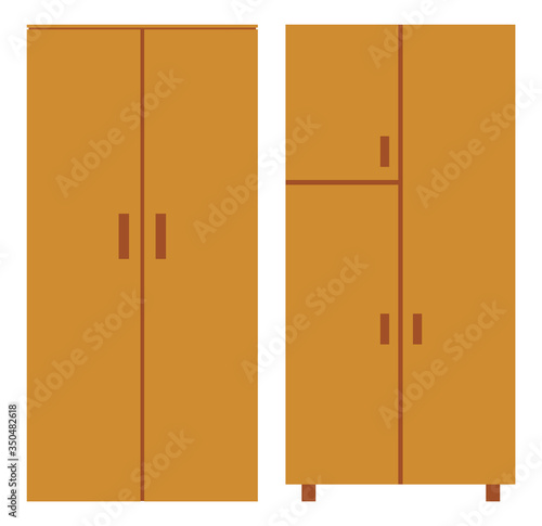Two wooden brown cupboards isolated on white background. Classic specious cabinet cartoon. Piece of furniture for home and office vector illustration