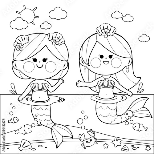 Beautiful mermaids swimming in the sea. Vector black and white coloring page