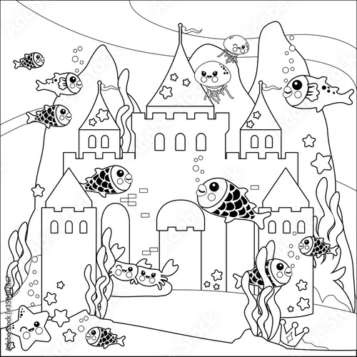 Beautiful underwater castle and sea animals. Vector black and white coloring page