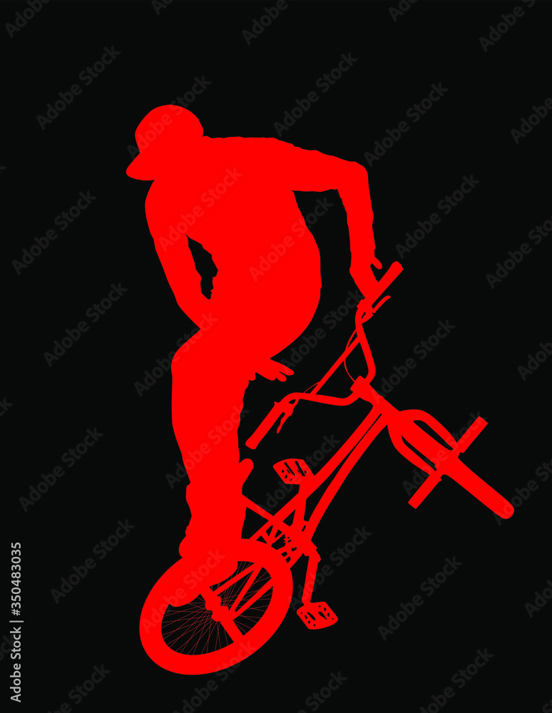 Bicycle stunts vector silhouette isolated on black background.  Freestyle ace ride performed trail bike tricks. Young man doing tricks in the air on a BMX bike. Cyclist acrobat public entertainment.