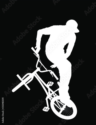 Bicycle stunts vector silhouette isolated on black background.  Freestyle ace ride performed trail bike tricks. Young man doing tricks in the air on a BMX bike. Cyclist acrobat public entertainment.