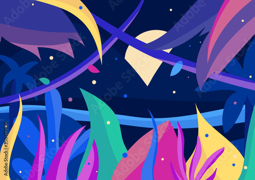 Vibrant full moon night in the jungle. Colorful 2d postcard with palms, flowers and fireflies. Fantasy vector illustration with blue, purple, green elements and Indigo background. EPS10, editable.