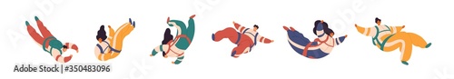 Set of cartoon colorful free fall people vector flat illustration. Collection of active man and woman flight in suspense enjoying freedom isolated on white. Joyful person during extreme sports