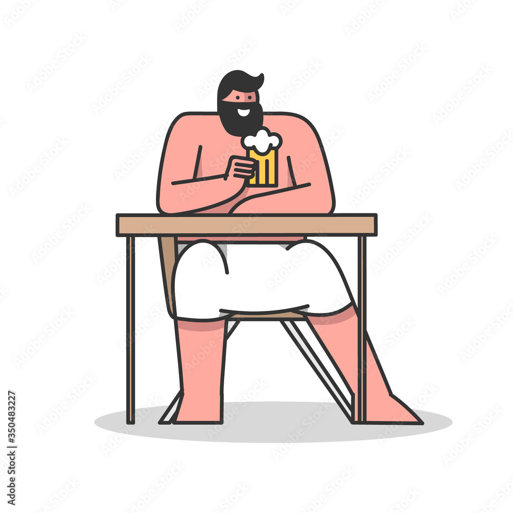 Concept Of Rest, Leisure. Undressed Man Sitting In Sauna At Table Wrapped With Towel And Drinking Mug Of Cold Beer After Bathhouse Procedures. Cartoon Linear Outline Flat Style. Vector Illustration Concept Of Rest, Leisure. Undressed Man Sitting In Sauna At Table Wrapped With Towel And Drinking Mug Of Cold Beer After Bathhouse Procedures. Cartoon Linear Outline Flat Style. Vector Illustration