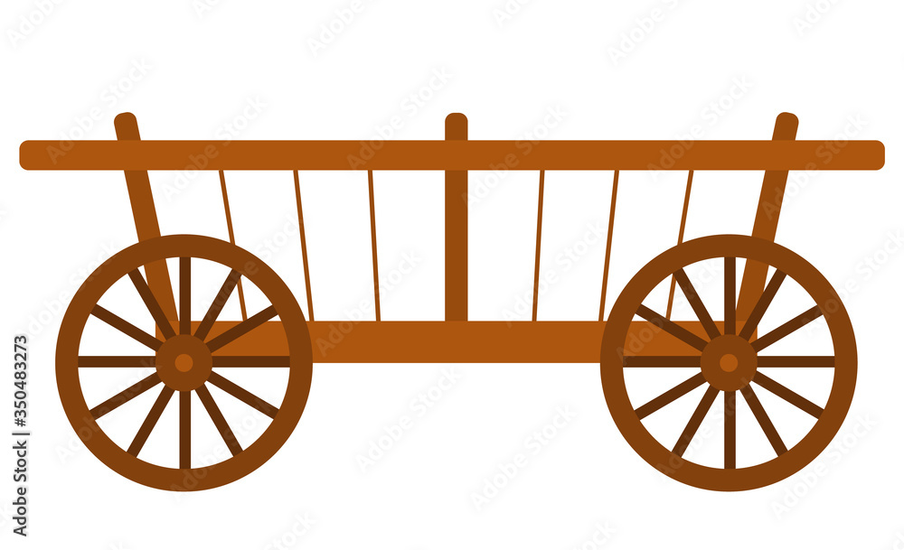 Fototapeta premium Farm cart, empty wooden trolley, countryside equipment. Transportation products, basket or container with wheels, element of harvest festival vector