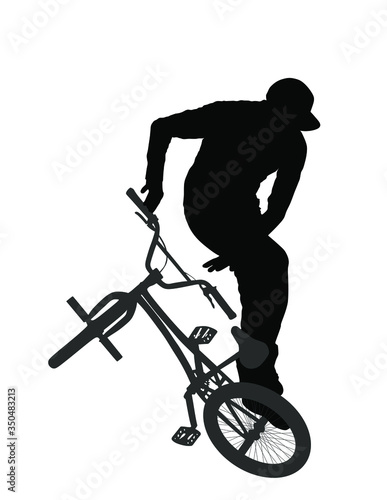 Bicycle stunts vector silhouette isolated on white background.  Freestyle ace ride performed trail bike tricks. Young man doing tricks in the air on a BMX bike. Cyclist acrobat public entertainment.