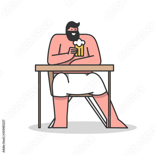 Concept Of Rest, Leisure. Undressed Man Sitting In Sauna At Table Wrapped With Towel And Drinking Mug Of Cold Beer After Bathhouse Procedures. Cartoon Linear Outline Flat Style. Vector Illustration