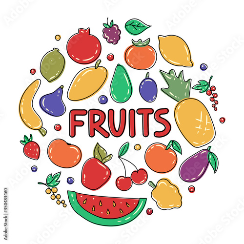 Fruit circle composition. Round shape by various fruits and berries isolated on white background. Decorative vector background in flat style for advertisement  promotion. Healthy food. Juicy fruits