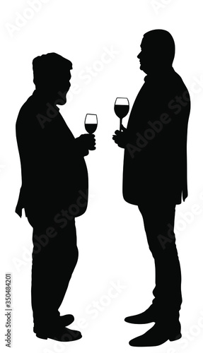 Business people meeting and drinking wine vector silhouette isolated on white. Friends toasting, break relaxation after work. Man drink beer in bar. Social live success celebration with beverage.