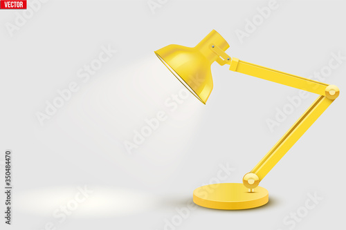Task table desk lamp with spot ray . Sample Model Vintage Cone Shade in yellow color. For Coworking, Home Office Workspace and Study Room. Vector Illustration isolated on white background.