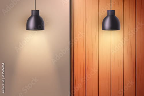 Wooden wall with niche and vintage pendant lamps. Concept of trendy interior or cover architecture design. Background of loft or showroom. Vector Illustration