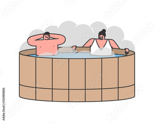Concept Of Rest, Recovery And Health Care. Young Couple Man And Woman Sit In Jacuzzi With Hot Steam And Foam Bubbles. Characters Relaxing Together. Cartoon Linear Outline Flat Vector Illustration