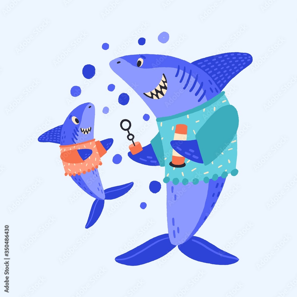 Cartoon shark family blow bubbles vector flat illustration. Colorful cute parent and child fish having fun together isolated on white background. Two smiling creatures in woolen sweater Stock Vector | Adobe Stock Cartoon shark family blow bubbles vector flat illustration. Colorful cute parent and child fish having fun together isolated on white background. Two smiling creatures in woolen sweater Stock Vector | Adobe Stock