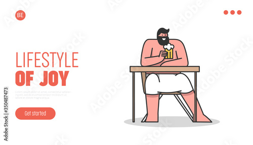 Concept Of Rest And Leisure. Website Landing Page. Undressed Man Sitting In Sauna At Table Wrapped With Towel And Drinking Mug Of Cold Beer. Web Page Cartoon Linear Outline Flat Vector Illustration