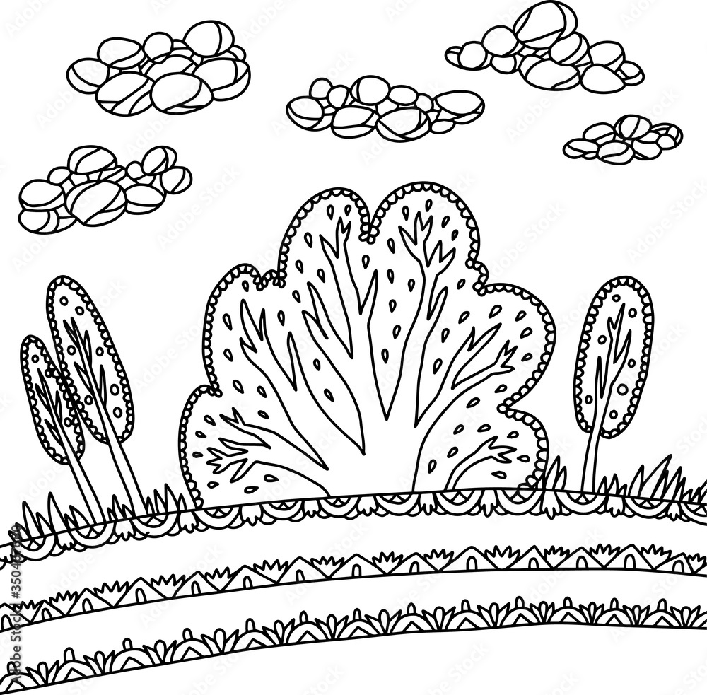tree forest field fields cloud clouds sky ornate cute lined doodle ...