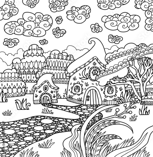 fairy tale house faerie  forest field fields ornate cute lined doodle coloring book page black and white background