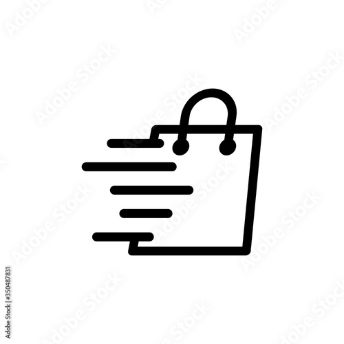 Símbolo de tienda en línea. Icono plano lineal con bolsa de la compra con líneas de velocidad en color negro