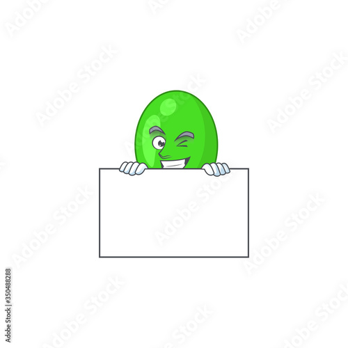 Mascot design style of tetrad standing behind a board