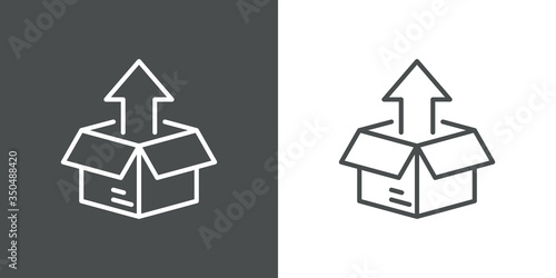 Símbolo entrega de pedido de compra. Icono plano lineal caja de cartón con flecha hacia arriba en fondo gris y fondo blanco