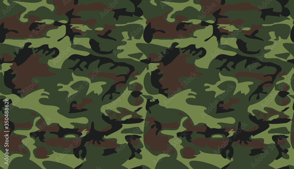 Fototapeta Camouflage pattern background vector. Classic clothing style masking camo repeat print. Virtual background for online conferences, online transmissions. Green brown black olive colors forest texture